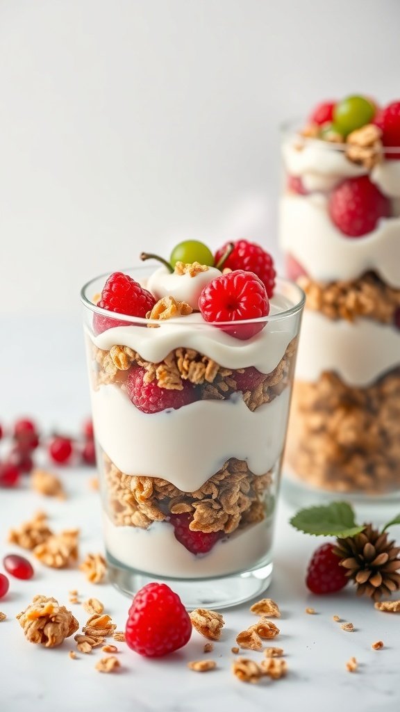Delicious breakfast parfait with yogurt, granola, and fresh berries
