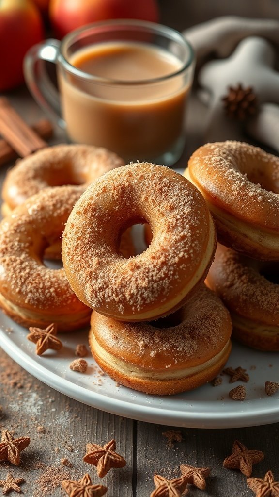 Delicious spiced apple cider donuts on a plate with a cup of cider