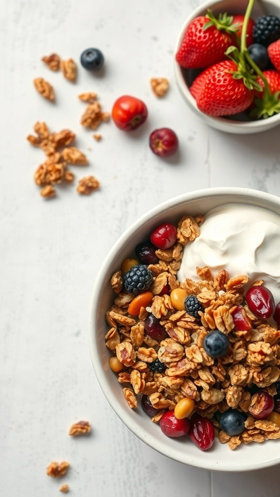 A bowl of nutty granola topped with dried fruits and yogurt, with fresh strawberries and blueberries on the side.