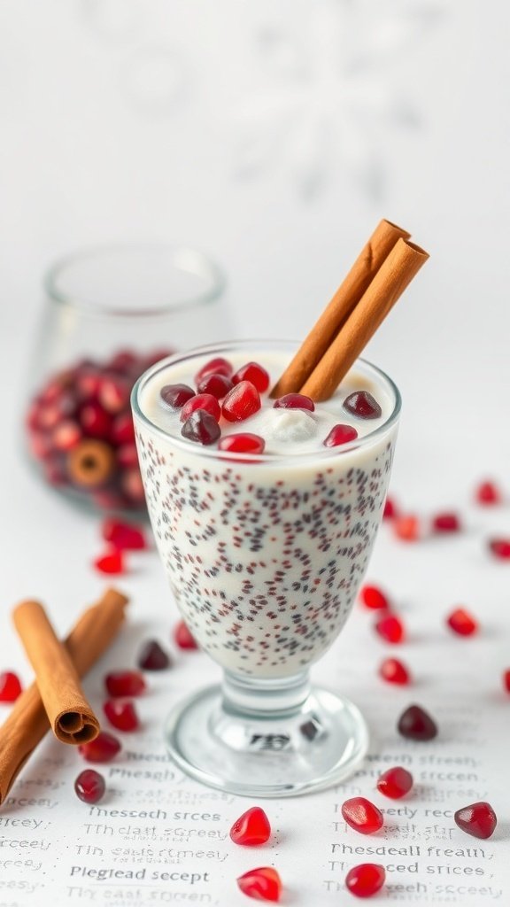 A glass of holiday spiced chia seed pudding topped with pomegranate seeds and cinnamon sticks.