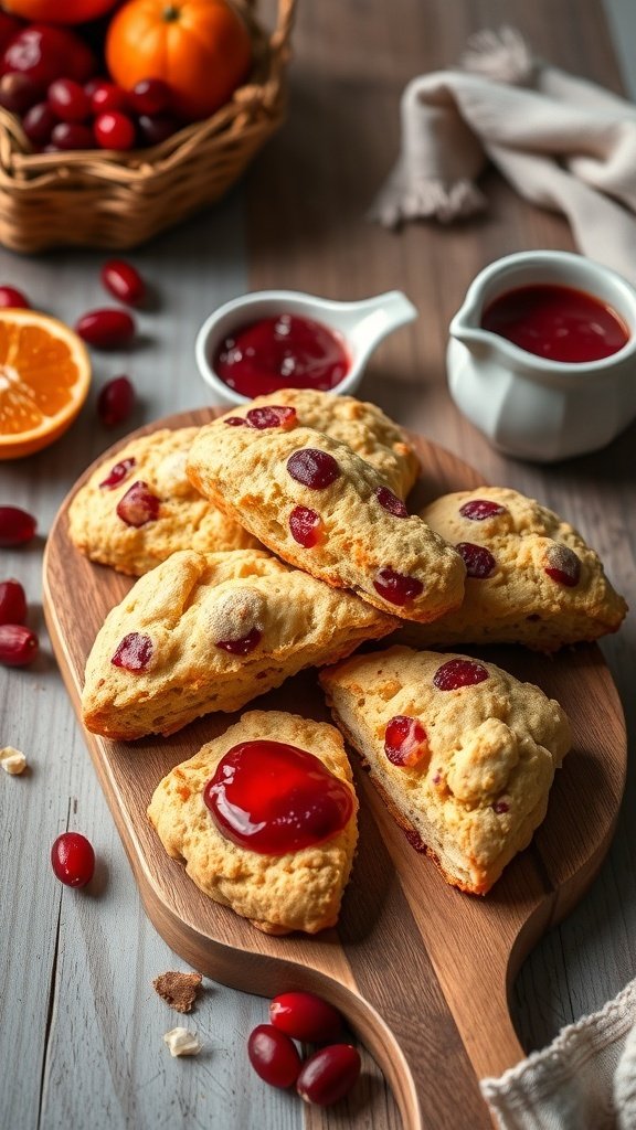 Freshly baked cranberry orange scones on a wooden board with a basket of oranges and cranberries in the background.