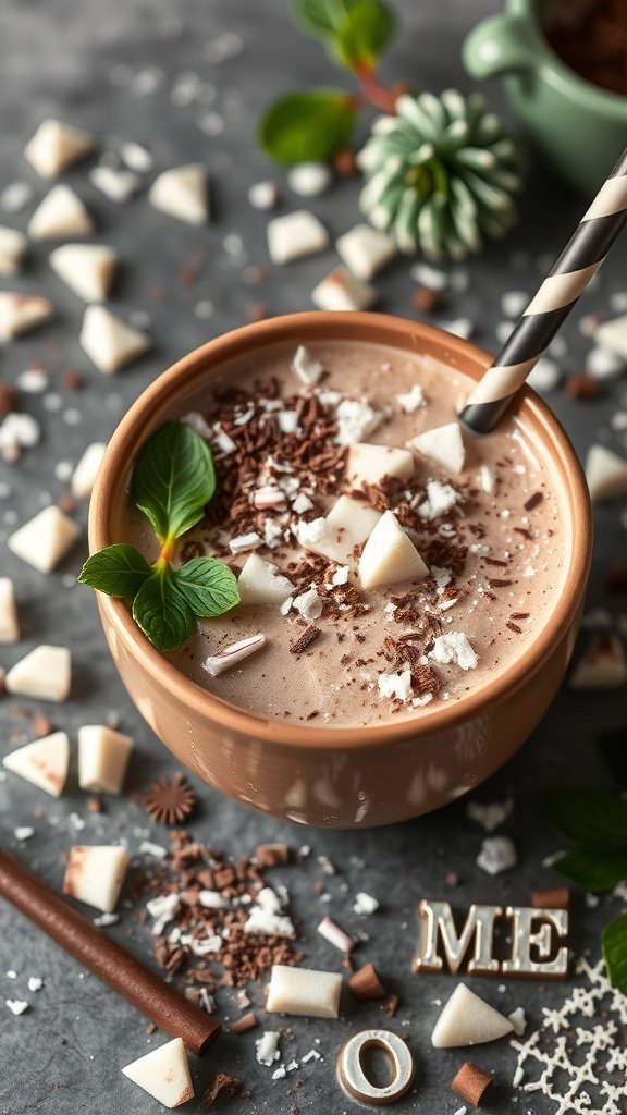 A delicious peppermint mocha smoothie bowl topped with chocolate shavings and mint leaves.