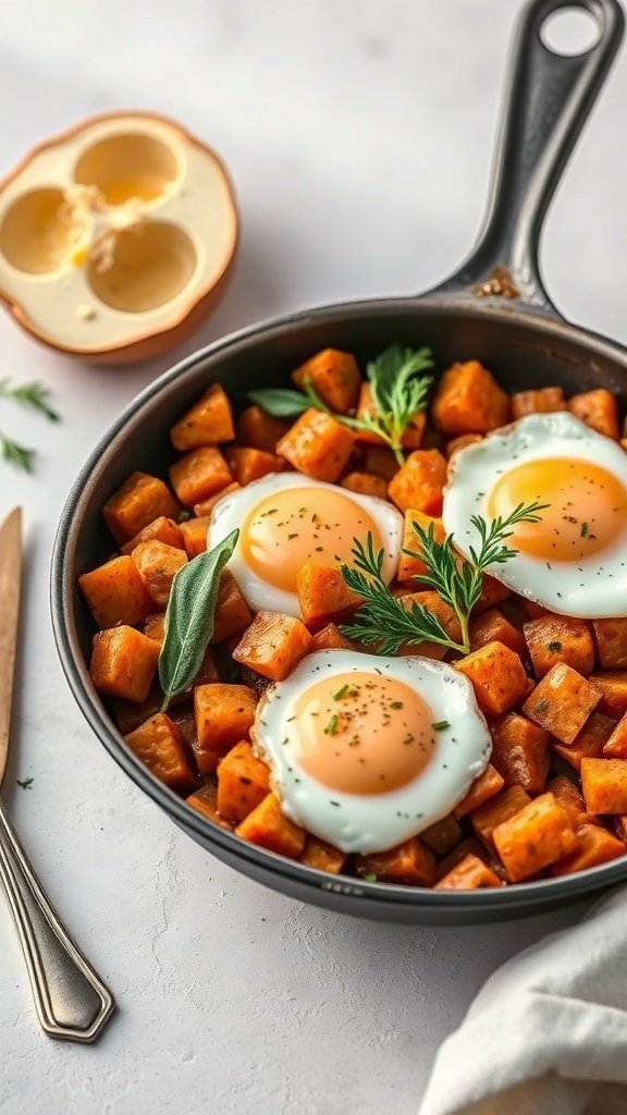 A skillet with sweet potato hash topped with eggs and sage