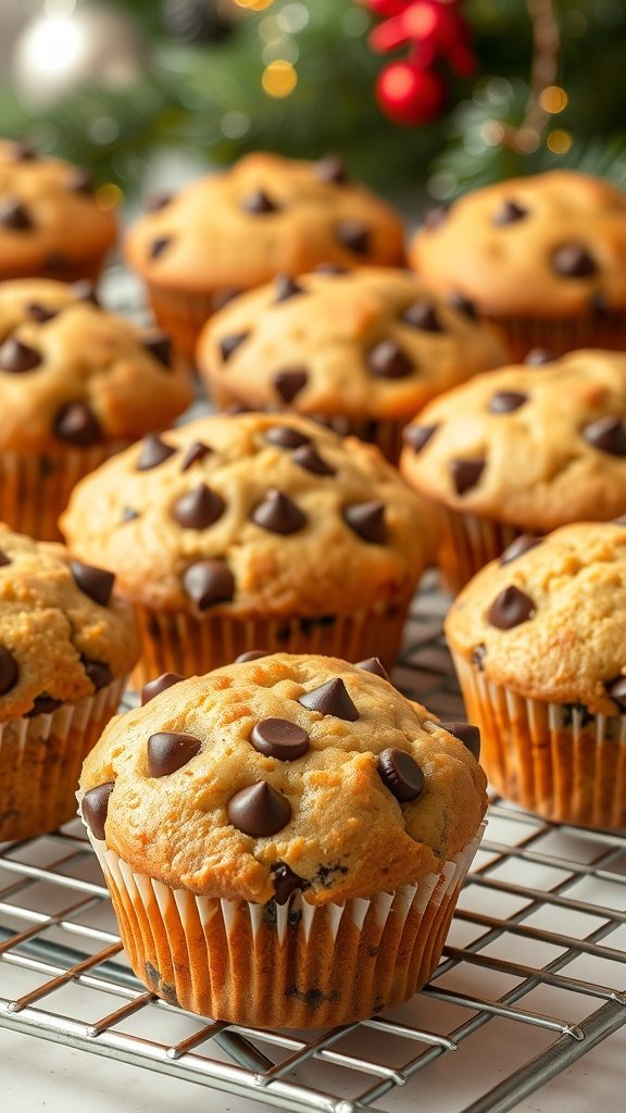Freshly baked chocolate chip muffins on a cooling rack