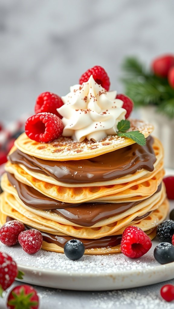 A stack of crepes filled with Nutella, topped with whipped cream and fresh berries.