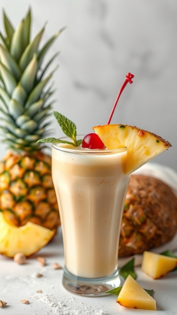 A refreshing pineapple coconut smoothie garnished with a cherry and pineapple slice.