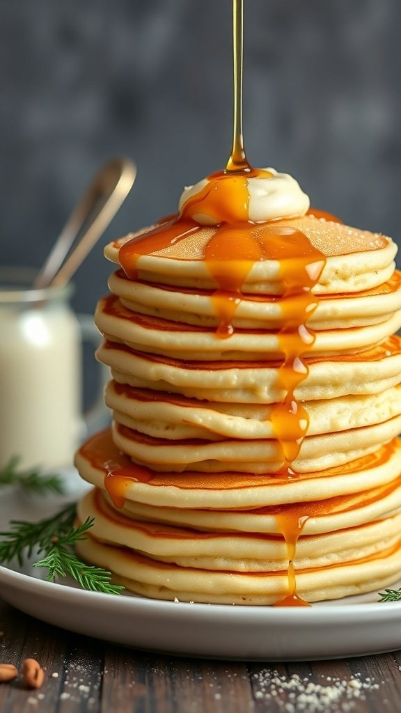 Stack of fluffy pancakes with syrup drizzling down