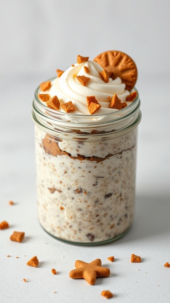 A jar of gingerbread overnight oats topped with whipped cream and gingerbread cookie pieces.