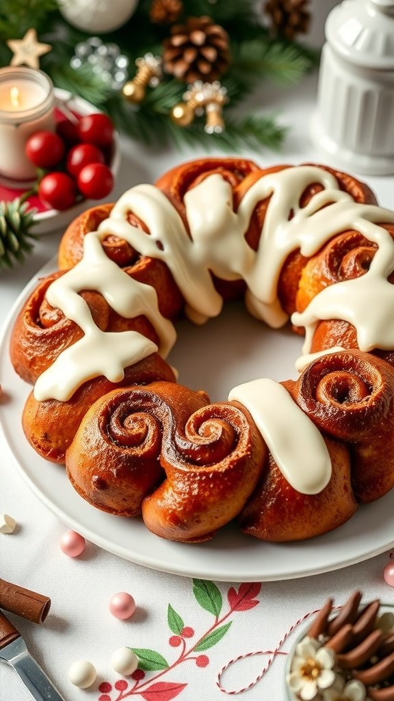 A beautifully arranged cinnamon roll wreath topped with cream cheese frosting.