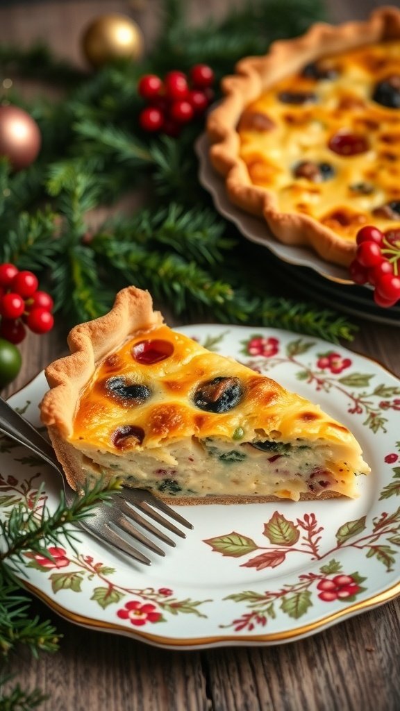 A slice of Quiche Lorraine on a festive plate with holiday decorations in the background.