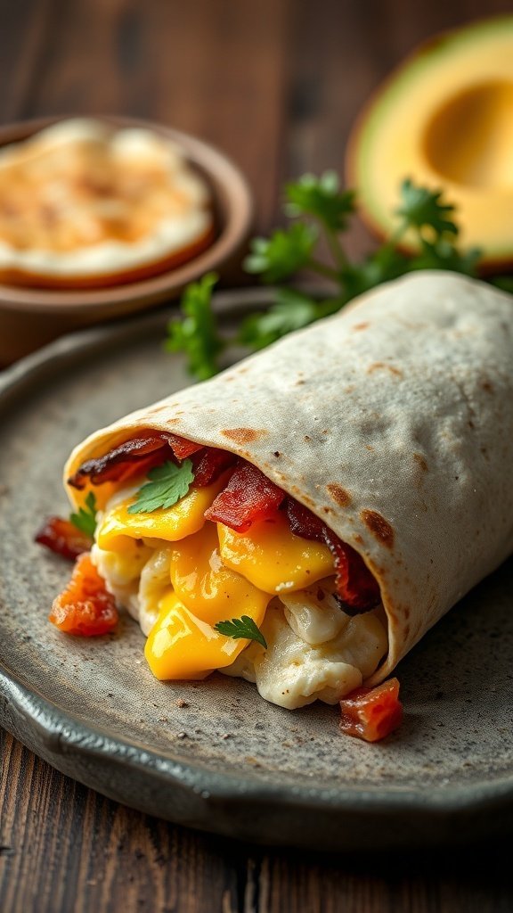 A delicious maple bacon breakfast burrito on a plate.