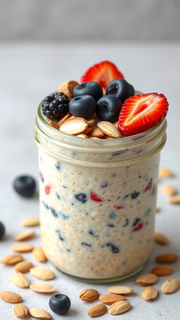 A jar of vanilla almond overnight oats topped with berries and almonds.