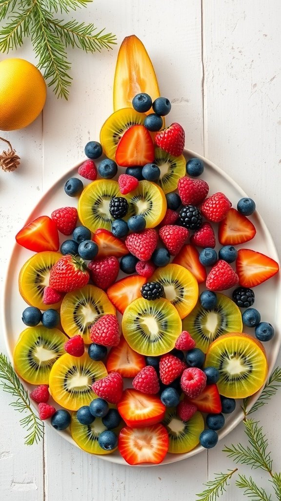 A colorful fruit platter arranged in the shape of a Christmas tree, featuring strawberries, blueberries, raspberries, blackberries, and kiwi.